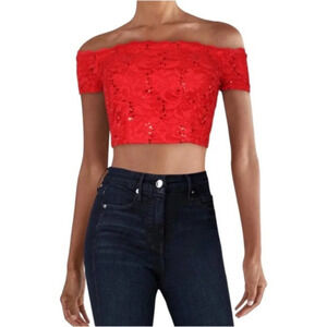 B. Darlin Juniors Red Lace Sequined‎ Crop Top Size 13/14